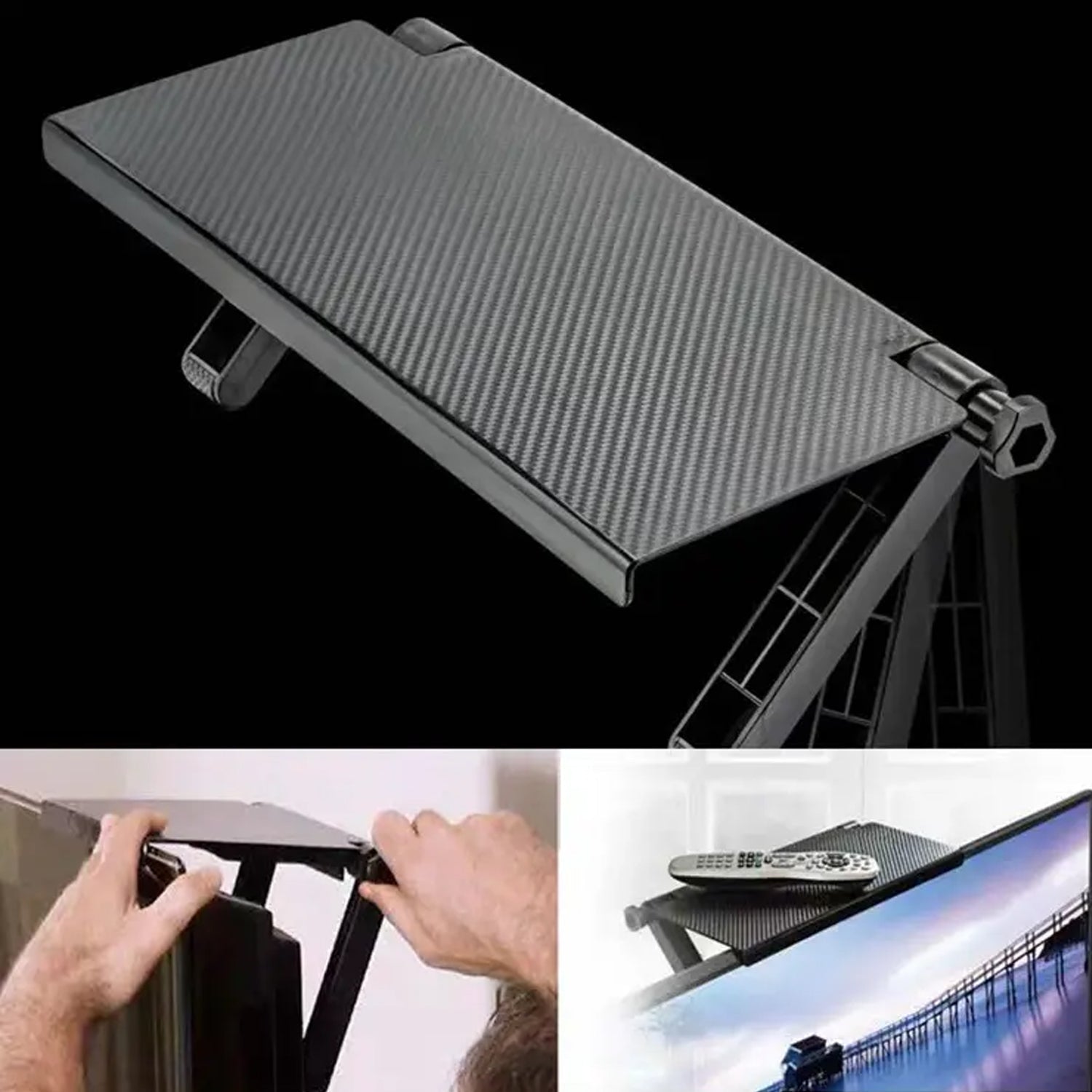 Adjustable monitor shelf for TV, suitable for additional storage. Adjustable monitor shelf for TV, suitable for additional storage.